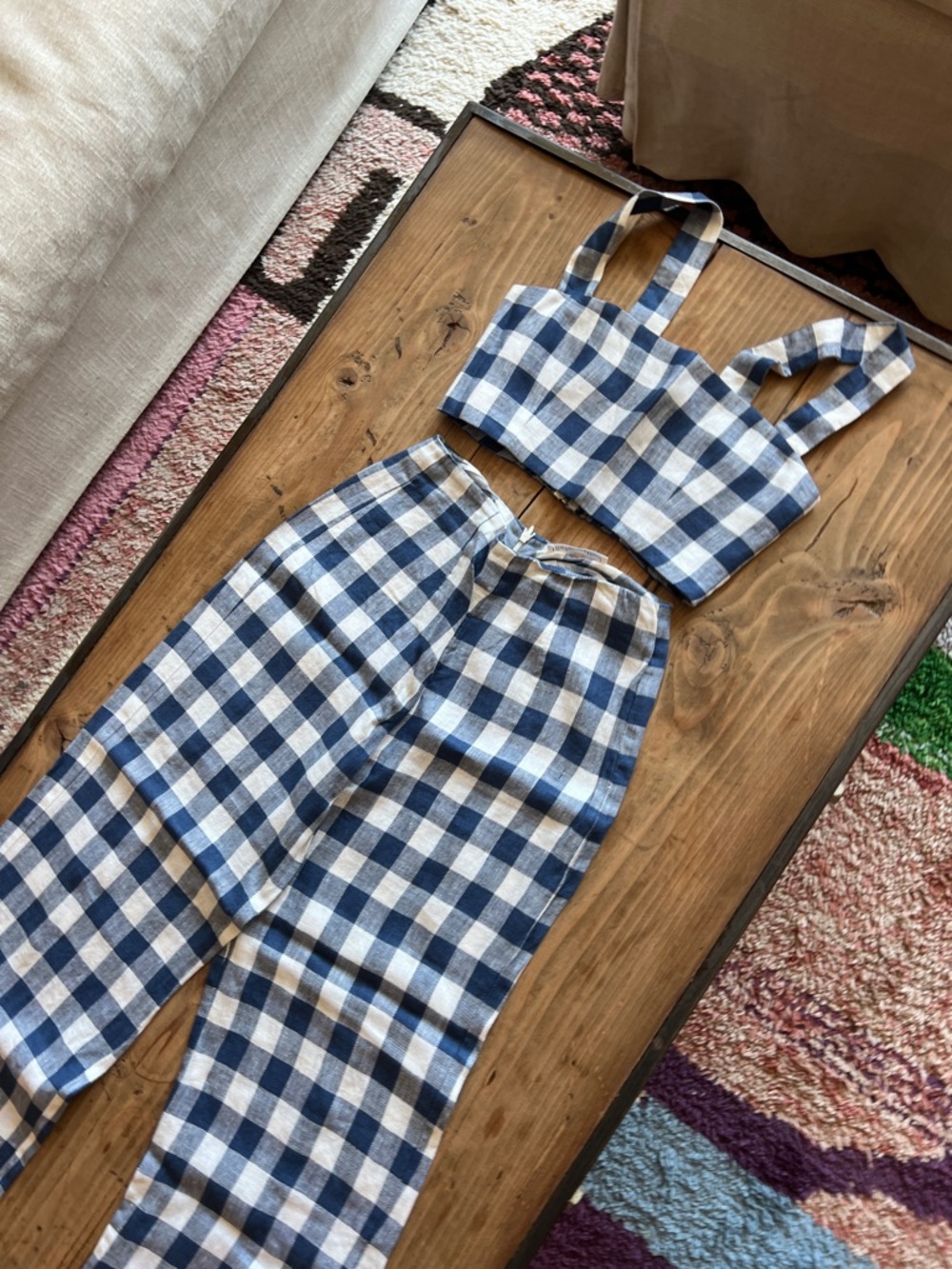 Reformation Blue and White Gingham Two-Piece Linen Top & Pant Set (Size S) - Picture 3 of 7